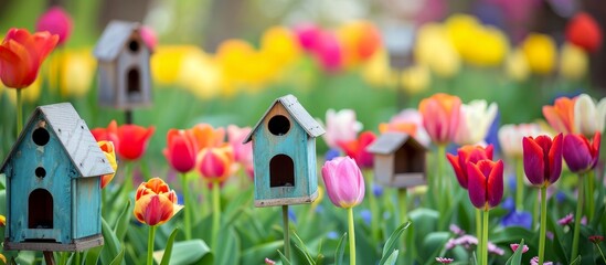 Bird houses in a garden bank, filled with tulips, signal the arrival of spring and the impending planting season.