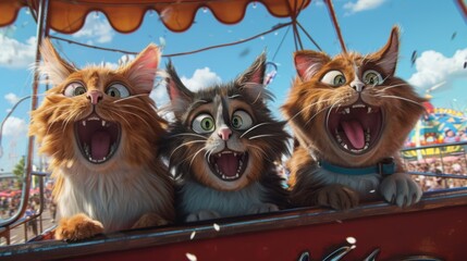 A trio of cheeky cats are competing in a meowoff at the carnival trying to outdo each others most obnoxious meows much to the amut of the other carnivalgoers.