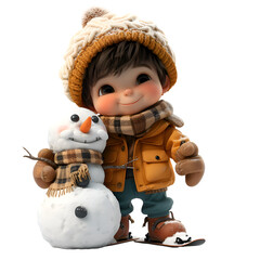A 3D animated cartoon render of a smiling kid building a snowman after skiing. Created with generative AI.