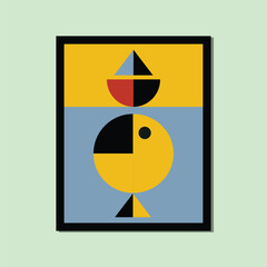 Bohemian style cute fish and ship modern aesthetic poster brutalism abstract geometric shape framed contemporary scandinavian mid century digital A3 A4 print book home wall decoration fabric card