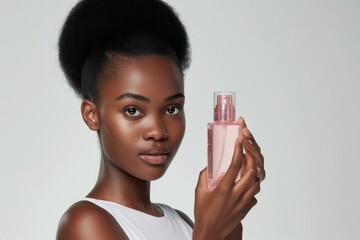 Black woman with a sleek updo presenting a clear bottle of rosewater toner against a light background, highlighting the product's simplicity and elegance.