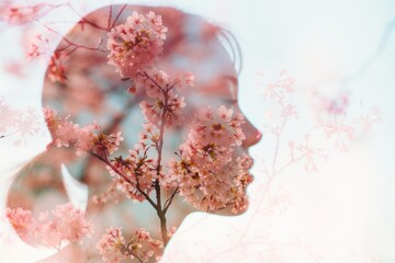 Double exposure of a woman's head with sakura in the background