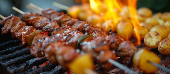 Blurred background of meat and vegetable barbecue with skewered shish kebab, potatoes in salt.