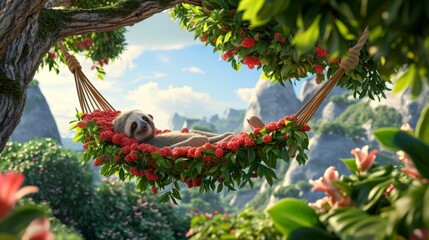 A lazy sloth lounging in a hammock made of pion fruit leaves overlooking the breathtaking view of Pion Fruit Plateau.