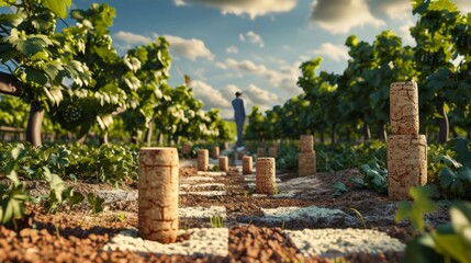 A playful scene in the vineyards with corks playing a game of hopscotch in between the rows of gvines while a sommelier looks on in confusion.