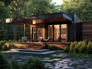 Obraz premium A small house situated in the middle of a dense wooded area, creating an idyllic and secluded setting.
