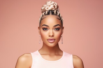 A woman stands with a white top, featuring a large braid in her hair.