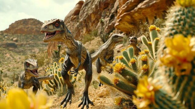 A pack of Velociraptors cleverly work together to maneuver around ly cacti devouring ripe fruits hidden within.