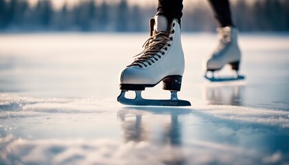 close up of a figure skater skates across a frozen lake, figure skater on frozen lake, frozen background
