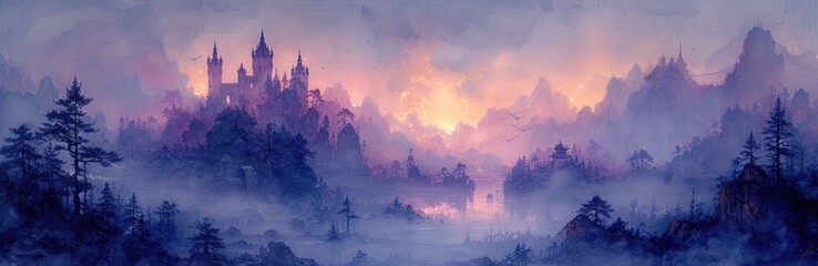 Castle towers in a fantasy kingdom, inked outlines, royal purples, fairy tale landscapes - obrazy, fototapety, plakaty