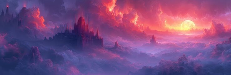 Castle towers in a fantasy kingdom, inked outlines, royal purples, fairy tale landscapes - obrazy, fototapety, plakaty