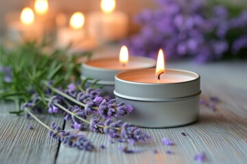 Obraz na płótnie Canvas A collection of small tin container candles with lit wicks, surrounded by fresh lavender flowers, on a rustic wooden table.