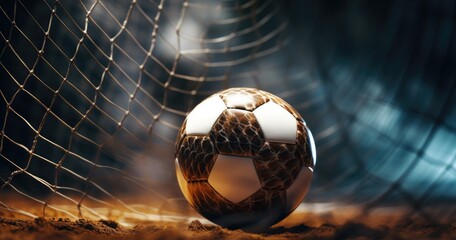 A soccer ball sits in front of a net on a soccer field, ready to be kicked into the goal. - obrazy, fototapety, plakaty