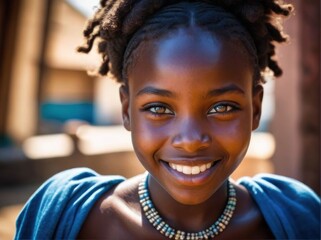 Portrait of black child with beautiful blue eyes. Hair Shines in the Sun