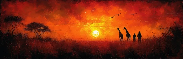 Foto op Aluminium Giraffes in a safari sunset, inked outlines, warm orange tones, African savannah vistas © Tungbackground