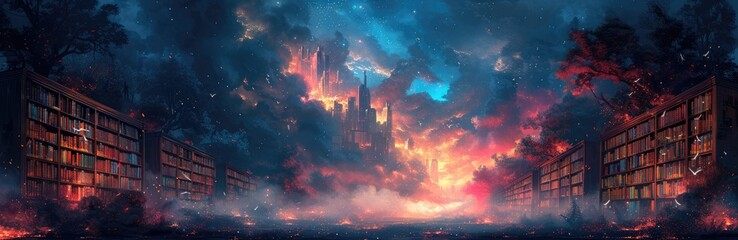 Magical bookshelves in a library, whimsical book spines in ink, dusty rose backdrop