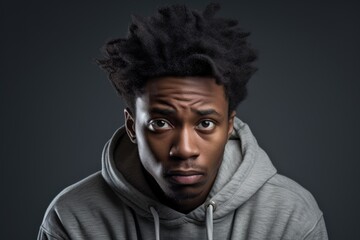 Fototapeta premium A man wearing a hoodie looks surprised as captured in this photograph.