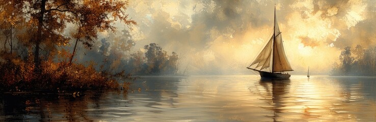 Sailing ships on a serene lake, sketched lines in sepia, calm blue tones - obrazy, fototapety, plakaty