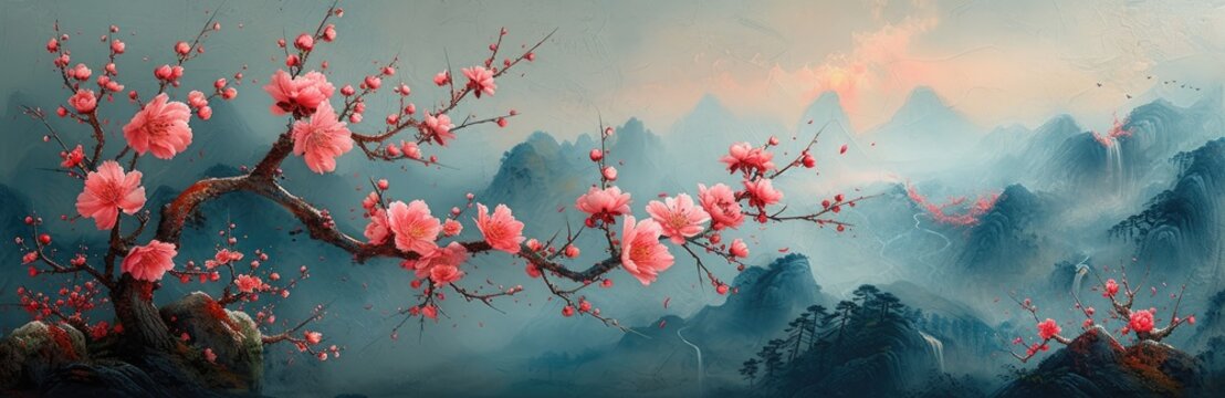 Oriental cherry blossoms in the moonlight, inked branches, soft pink hues