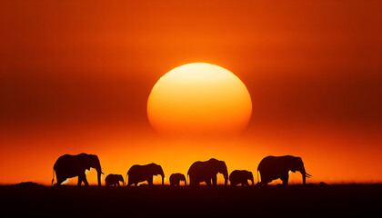 Fototapeta premium A timeless silhouette of elephants in their natural habitat, with a breathtaking African sunset as the backdrop. Generative AI.