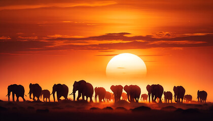 A timeless silhouette of elephants in their natural habitat, with a breathtaking African sunset as the backdrop.
Generative AI.