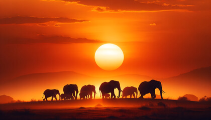 Captivating sunset scene featuring the outlined march of an elephant herd in the African...