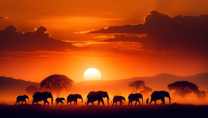 Fototapeta na wymiar Captivating sunset scene featuring the outlined march of an elephant herd in the African wilderness. Generative AI.