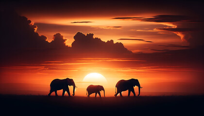 Fototapeta na wymiar The tranquil beauty of an African elephant family trekking across the horizon at dusk, silhouetted by the sinking sun. Generative AI.