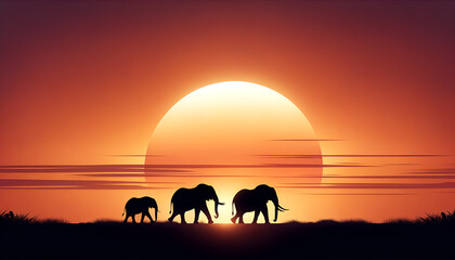 The tranquil beauty of an African elephant family trekking across the horizon at dusk, silhouetted by the sinking sun.
Generative AI.