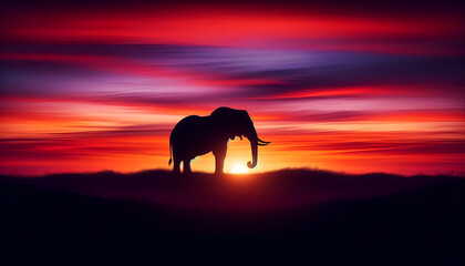 Fototapeta na wymiar The tranquil beauty of an African elephant family trekking across the horizon at dusk, silhouetted by the sinking sun. Generative AI.