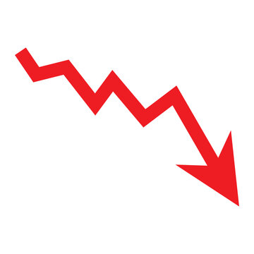 Red arrow pointing downwards showing crisis. Graph chart down icon. Realistic 3d vector illustration isolated on white background
