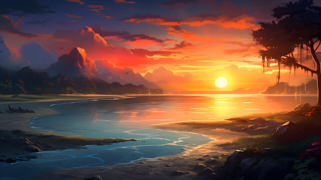 Pum pum in sea beach with sunset wallpaper paintingart,,
a sunset lofi scene high quality Free Photo

