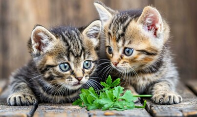 Two kittens eating parsley on a wooden table. Generative AI.