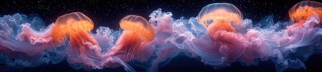 surreal underwater jellyfish ballet, abstract design, in the style of textured surface layers