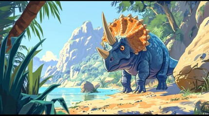 A shy Triceratops peeks out from behind a large boulder near the lagoon its horns keeping a watchful eye on its surroundings.