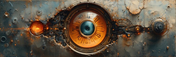 Time-traveling clockwork mechanisms, steampunk gears in ink, metallic grays