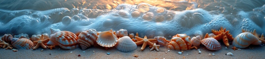 Fototapeta na wymiar textured seashells on a sandy beach, in the style of laowa 100mm f/2.8 2x ultra macro apo