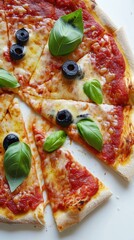 A pizza with olives and basil on it. Generative AI.