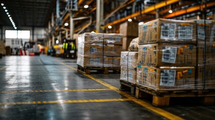 A warehouse with boxes and pallets on the floor. Generative AI.