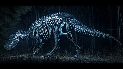 Fototapeta na wymiar An eerie photograph of a large dinosaur skeleton taken at night with strategically p lighting to create a haunting atmosphere.