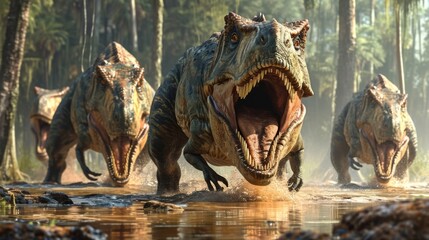 The ground trembles as a group of mive Tyrannosaurus rex stampede through a muddy swamp their sharp teeth d as they race to safety from a sudden flood. - obrazy, fototapety, plakaty