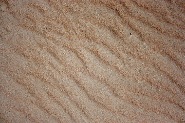 Waves on the surface of the sand, top view. The wavy surface of coastal sand. The structure of waves on sea sand.