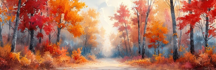 Vivid autumn leaves in a forest glade, watercolor lines, warm fall tones - obrazy, fototapety, plakaty