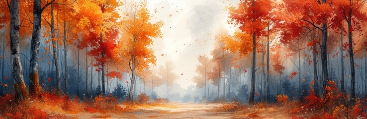 Vivid autumn leaves in a forest glade, watercolor lines, warm fall tones