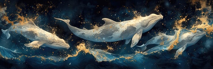Whale pod migration through ocean waves, inked outlines, deep ocean blues, marine life illustrations - obrazy, fototapety, plakaty
