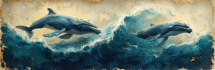 Whale pod migration through ocean waves, inked outlines, deep ocean blues, marine life illustrations