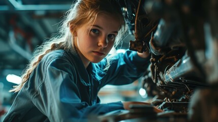 A young woman in a blue shirt is working on an engine. Generative AI.