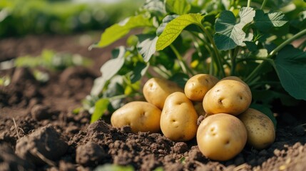 Wooden crate with raw young potatoes in field on summer day
