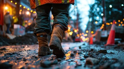 A person walking on a muddy street with construction lights. Generative AI.