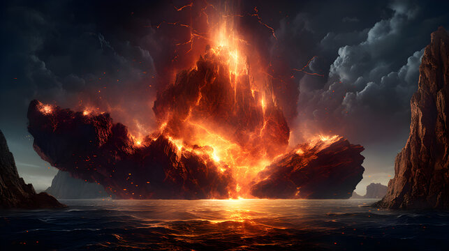 Fantasy Amazing background HD 8K wallpaper Stock Photographic Image,,
volcano erupting underwater, with lava flowing into the ocean illustration generative ai Pro Photo

